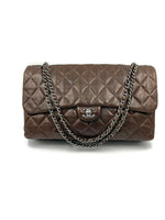 CHANEL Lambskin Double Chain Single Flap Maxi Size Bag Dark Brown/Silver