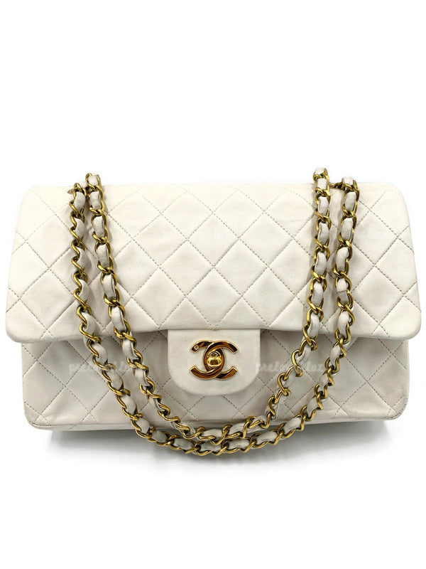 CHANEL Medium Classic Double Flap Bag White with Gold Hardware