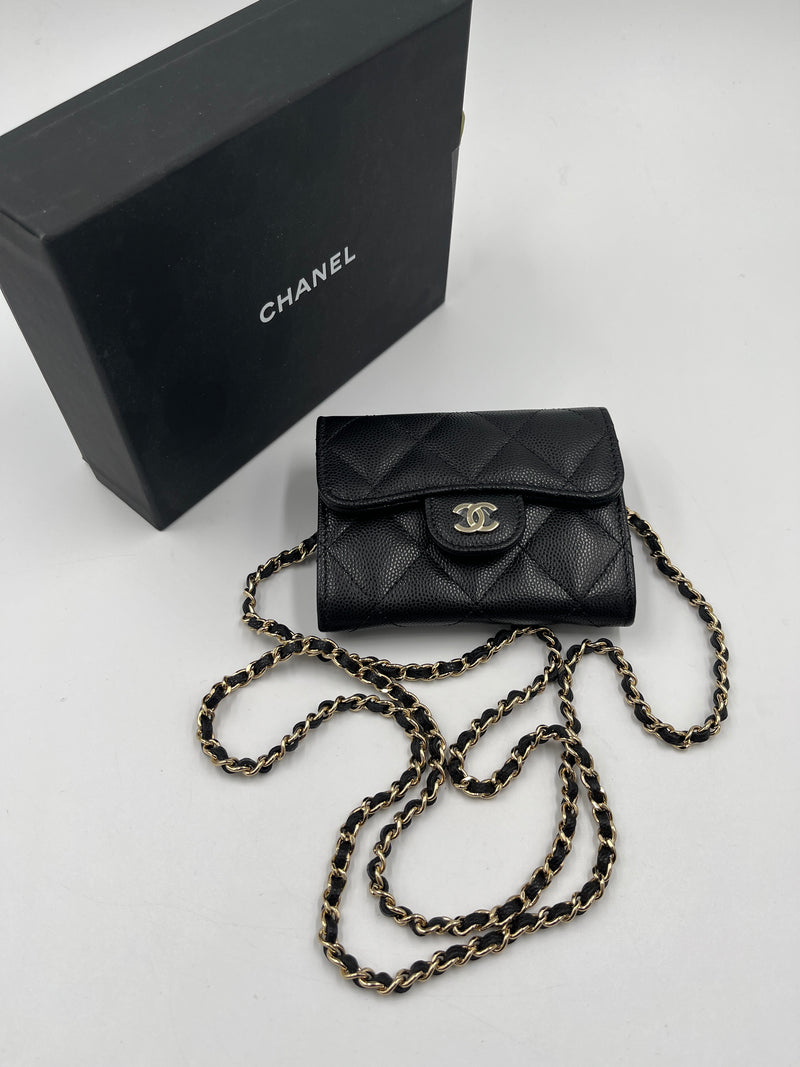 CHANEL Black Caviar Mini Clutch Wallet Crossbody Bag Champagne Light Gold Hardware