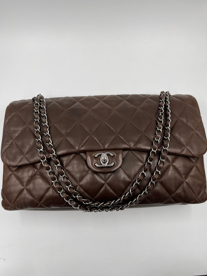 CHANEL Lambskin Double Chain Single Flap Maxi Size Bag Dark Brown/Silver