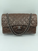 CHANEL Lambskin Double Chain Single Flap Maxi Size Bag Dark Brown/Silver