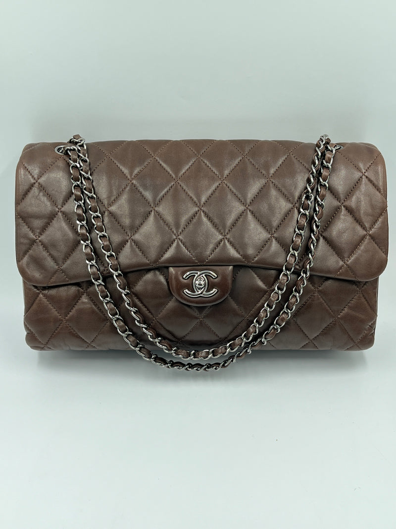 CHANEL Lambskin Double Chain Single Flap Maxi Size Bag Dark Brown/Silver