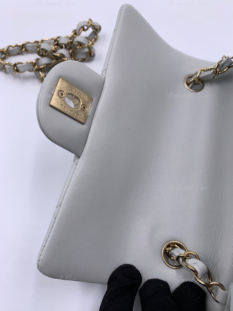 CHANEL Classic Grey Lambskin Mini Rectangular Crossbody Bag in Gold Hardware