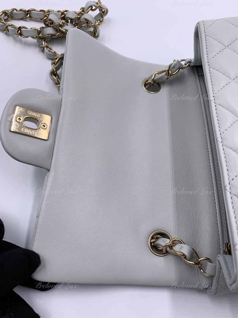 CHANEL Classic Grey Lambskin Mini Rectangular Crossbody Bag in Gold Hardware