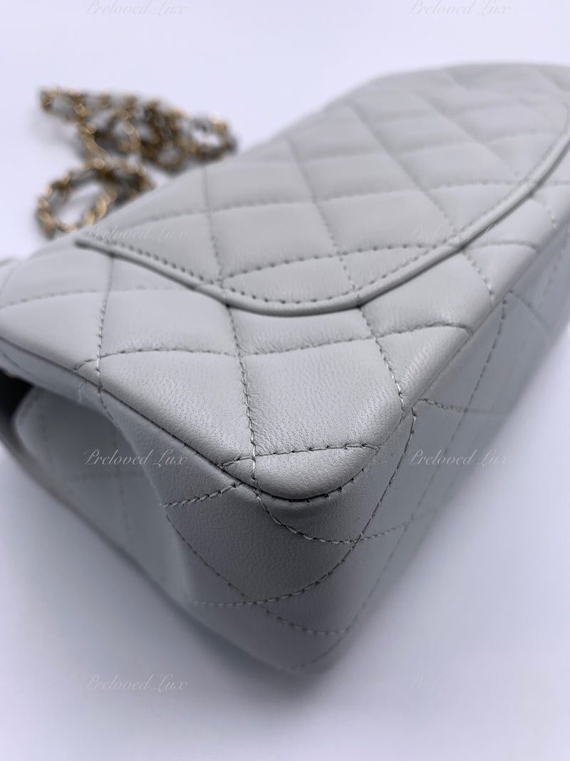 CHANEL Classic Grey Lambskin Mini Rectangular Crossbody Bag in Gold Hardware