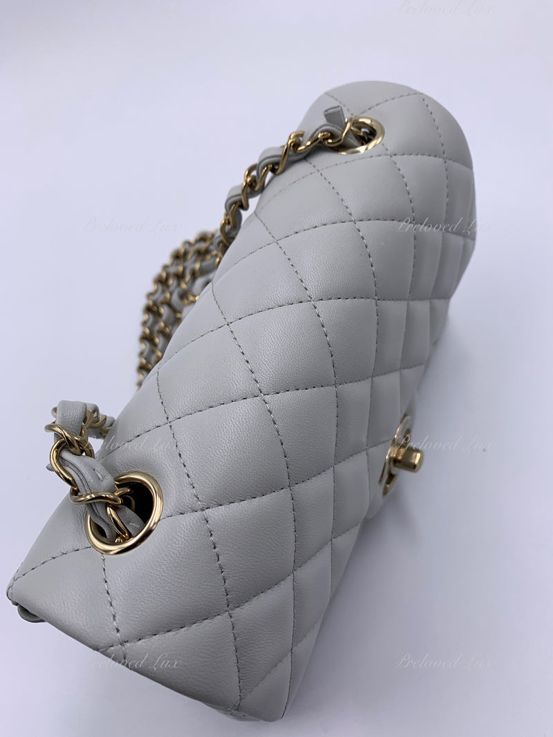 CHANEL Classic Grey Lambskin Mini Rectangular Crossbody Bag in Gold Hardware