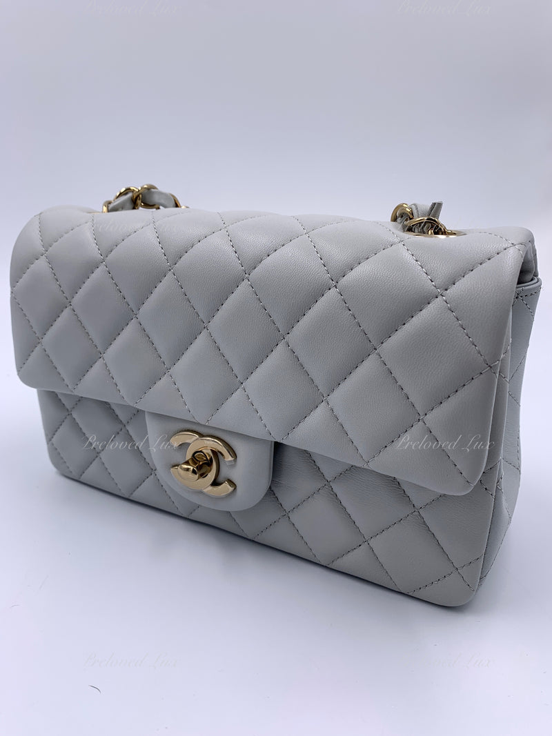 CHANEL Classic Grey Lambskin Mini Rectangular Crossbody Bag in Gold Hardware