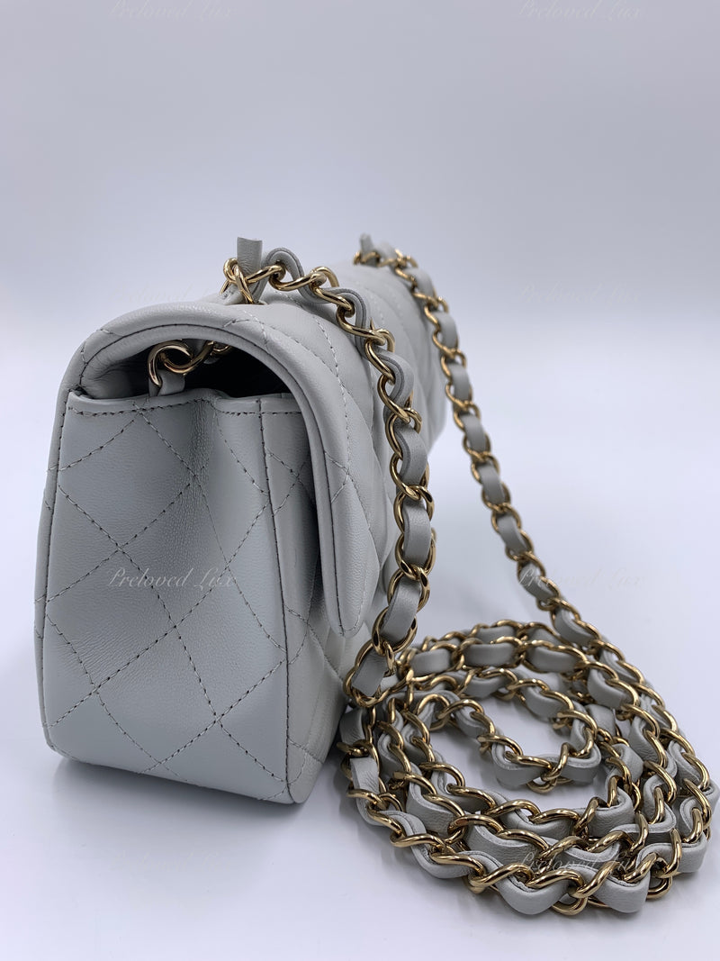 CHANEL Classic Grey Lambskin Mini Rectangular Crossbody Bag in Gold Hardware