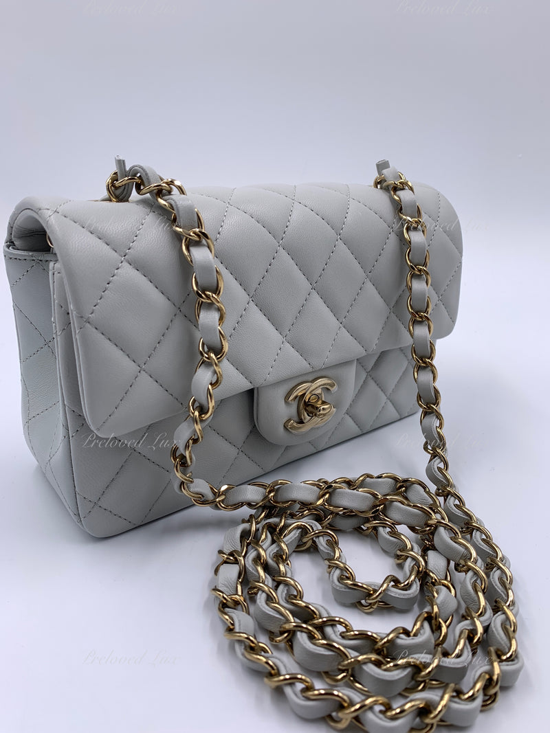 CHANEL Classic Grey Lambskin Mini Rectangular Crossbody Bag in Gold Hardware