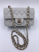 CHANEL Classic Grey Lambskin Mini Rectangular Crossbody Bag in Gold Hardware