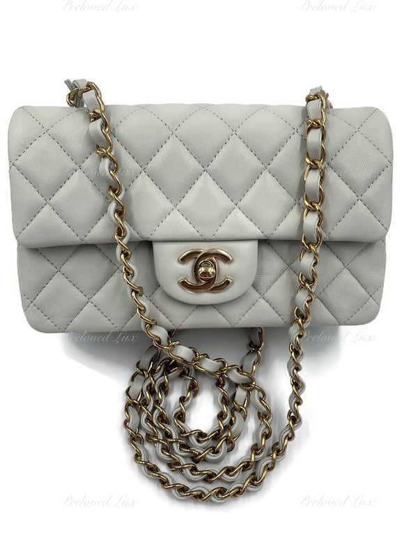 CHANEL Classic Grey Lambskin Mini Rectangular Crossbody Bag in Gold Hardware