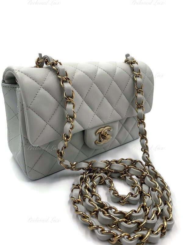 CHANEL Classic Grey Lambskin Mini Rectangular Crossbody Bag in Gold Hardware