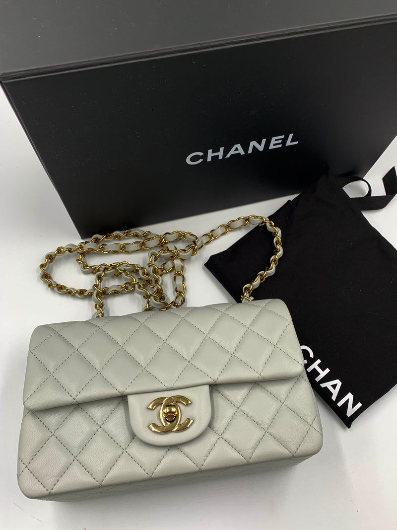 CHANEL Classic Grey Lambskin Mini Rectangular Crossbody Bag in Gold Hardware