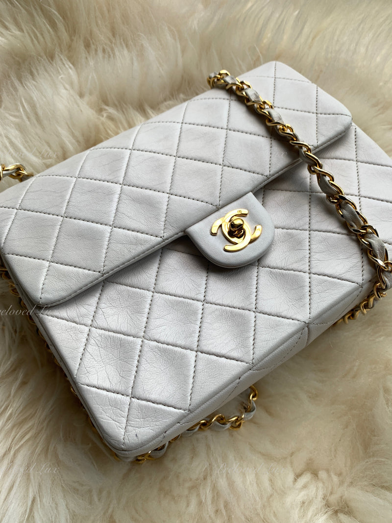 CHANEL Classic Lambskin Chain Mini Square Flap Bag White/ Gold hardware