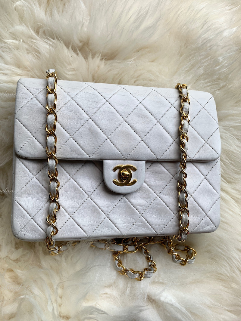 CHANEL Classic Lambskin Chain Mini Square Flap Bag White/ Gold hardware