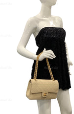 CHANEL Classic Lambskin Double Flap Medium Shoulder Bag - Light Beige Gold Hardware