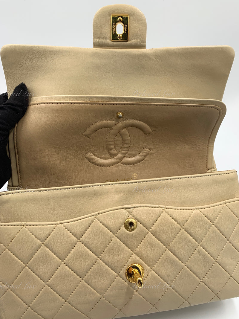 CHANEL Classic Lambskin Double Flap Medium Shoulder Bag - Light Beige Gold Hardware