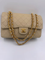 CHANEL Classic Lambskin Double Flap Medium Shoulder Bag - Light Beige Gold Hardware