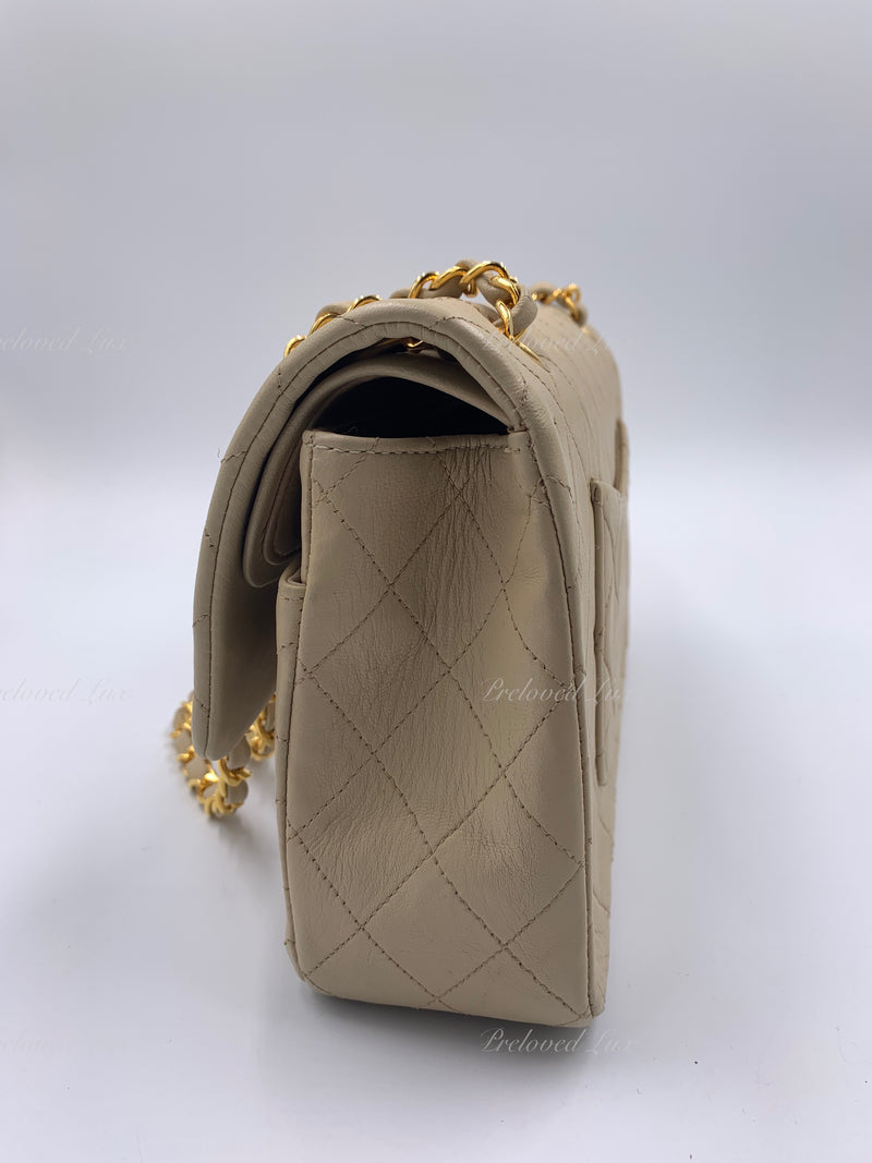 CHANEL Classic Lambskin Double Flap Medium Shoulder Bag - Light Beige Gold Hardware