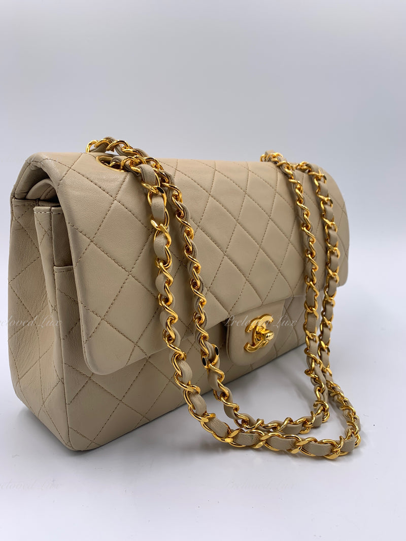 CHANEL Classic Lambskin Double Flap Medium Shoulder Bag - Light Beige Gold Hardware