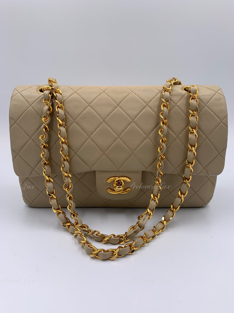 CHANEL Classic Lambskin Double Flap Medium Shoulder Bag - Light Beige Gold Hardware