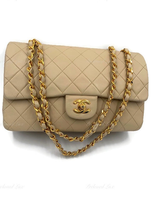 CHANEL Classic Lambskin Double Flap Medium Shoulder Bag - Light Beige Gold Hardware