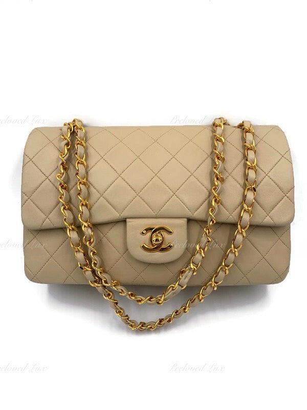 CHANEL Classic Lambskin Double Flap Medium Shoulder Bag - Light Beige Gold Hardware