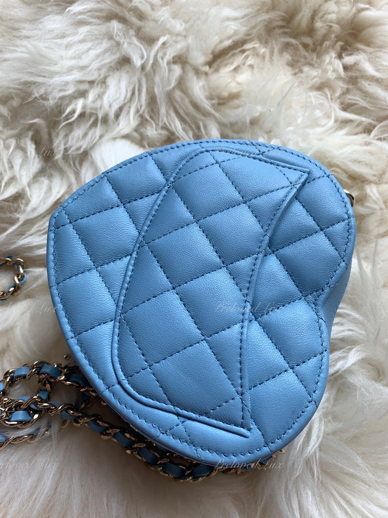 CHANEL Lambskin Blue Small Heart Crossbody Chain Bag Gold Hardware