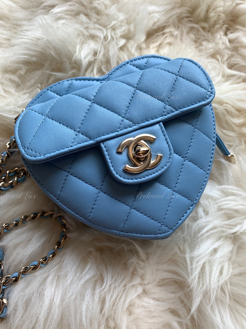 CHANEL Lambskin Blue Small Heart Crossbody Chain Bag Gold Hardware