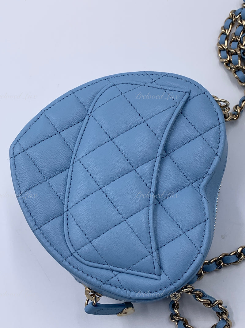 CHANEL Lambskin Blue Small Heart Crossbody Chain Bag Gold Hardware