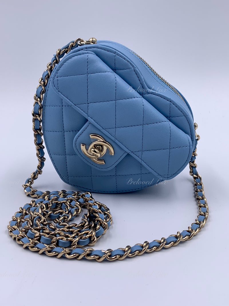 CHANEL Lambskin Blue Small Heart Crossbody Chain Bag Gold Hardware