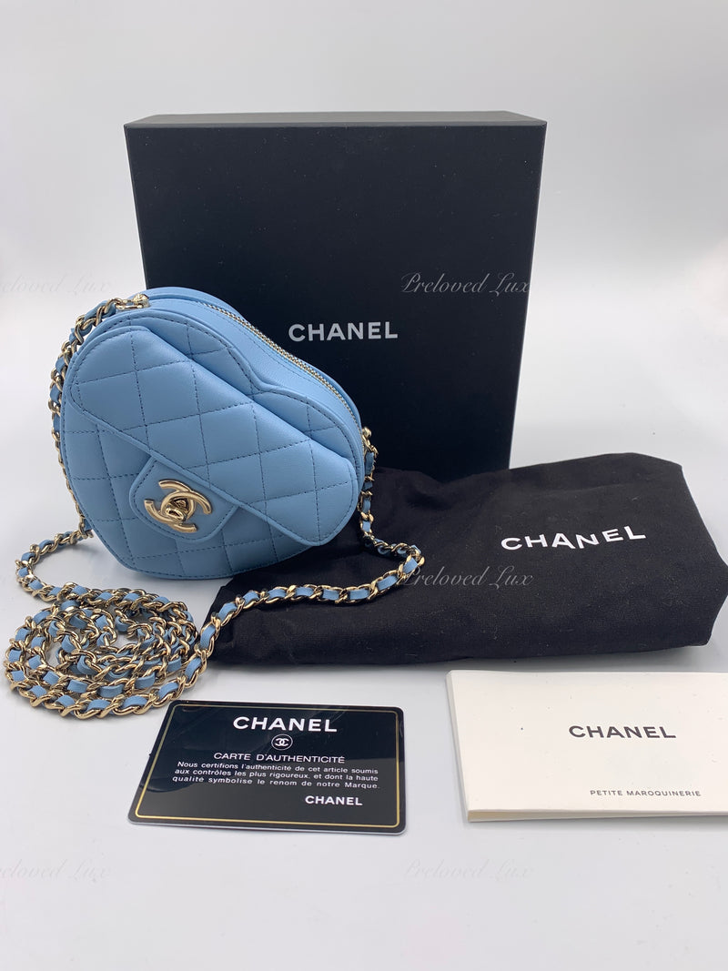 CHANEL Lambskin Blue Small Heart Crossbody Chain Bag Gold Hardware