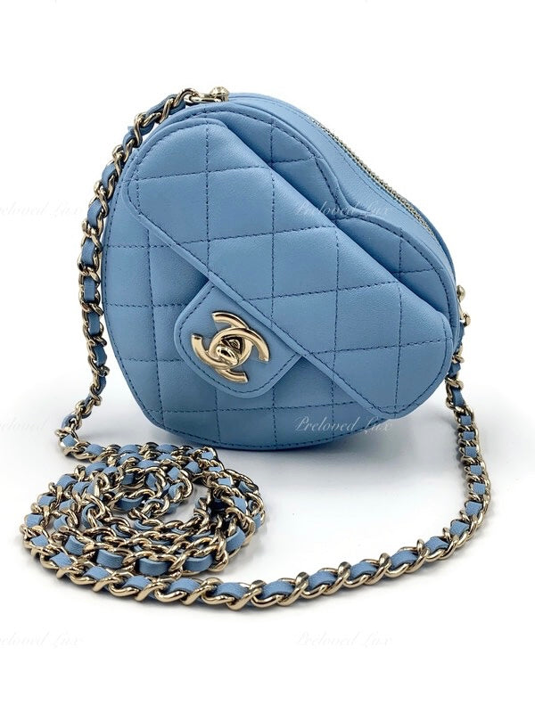 CHANEL Lambskin Blue Small Heart Crossbody Chain Bag Gold Hardware