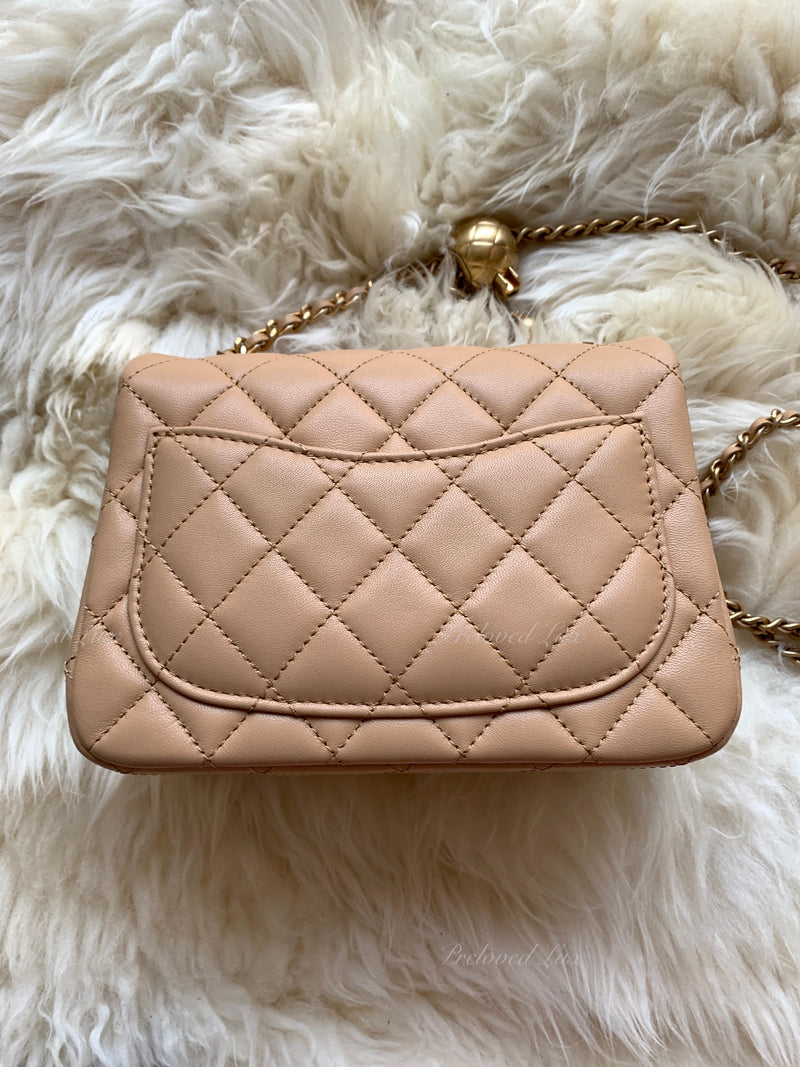 CHANEL Beige Lambskin Mini Square Pearl Crush Flap Bag