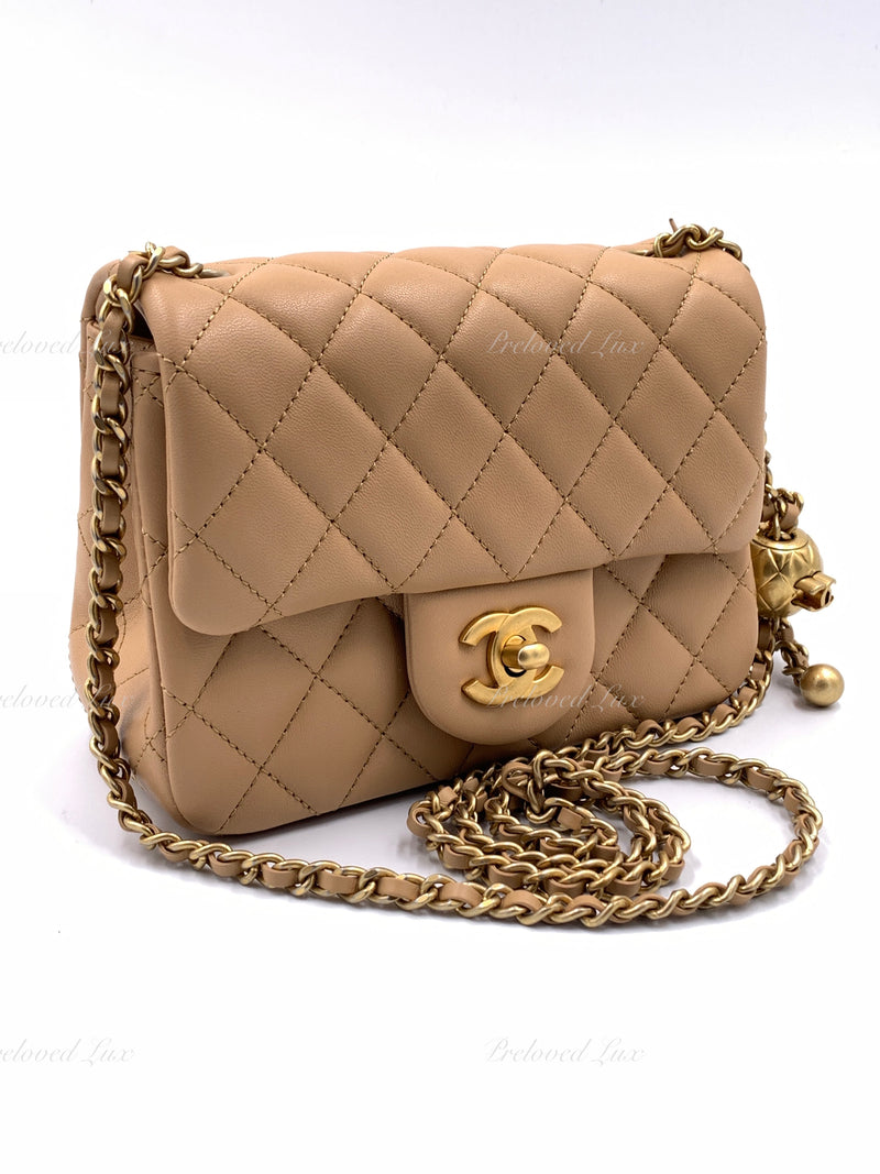 CHANEL Beige Lambskin Mini Square Pearl Crush Flap Bag