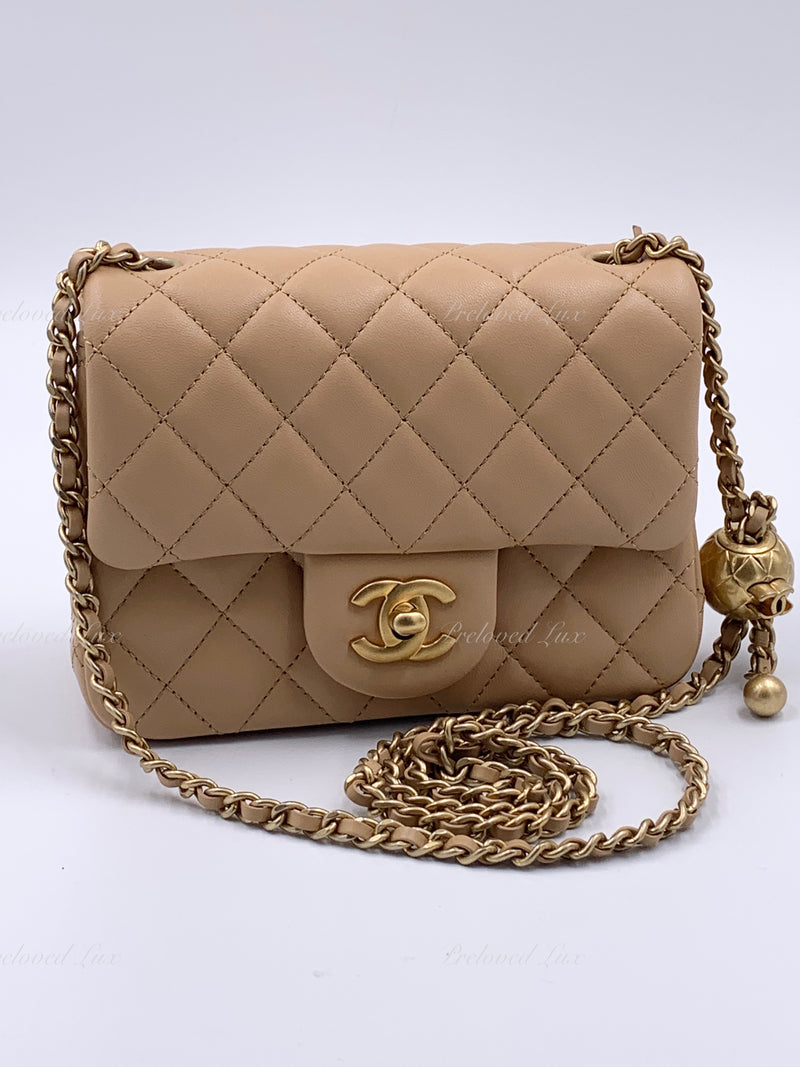 CHANEL Beige Lambskin Mini Square Pearl Crush Flap Bag