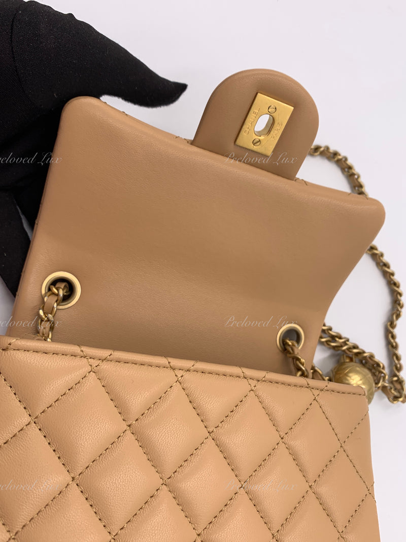 CHANEL Beige Lambskin Mini Square Pearl Crush Flap Bag