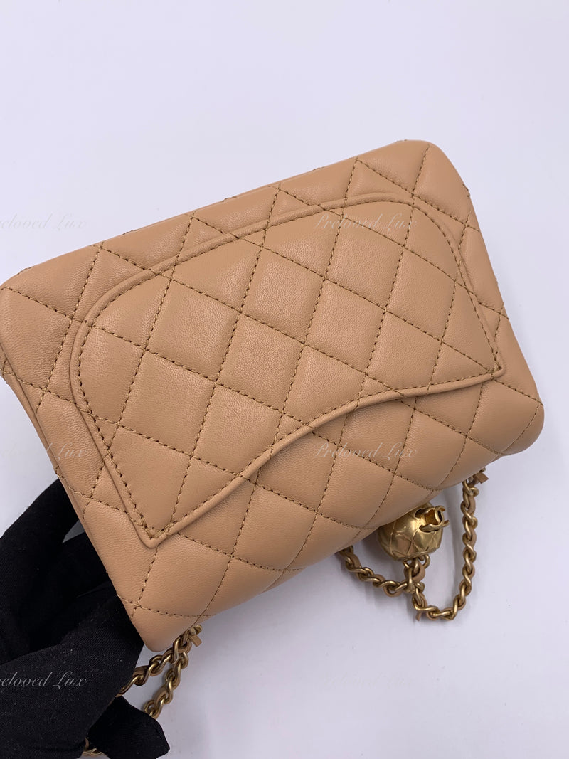 CHANEL Beige Lambskin Mini Square Pearl Crush Flap Bag