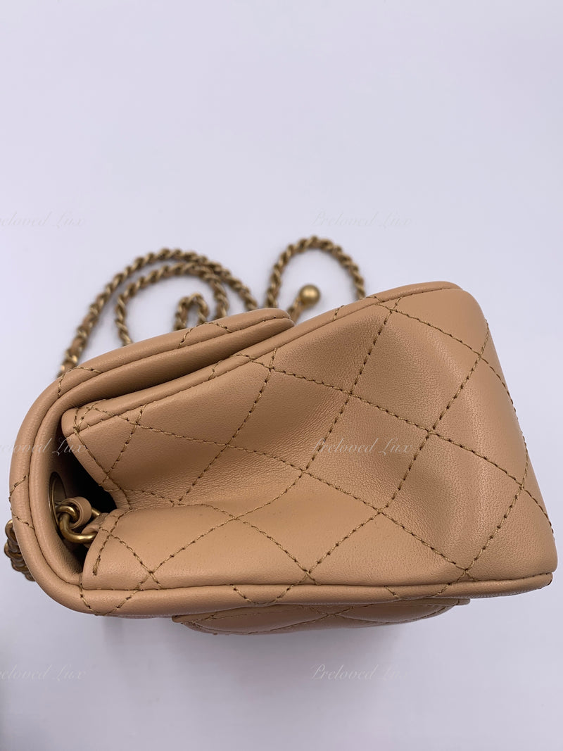 CHANEL Beige Lambskin Mini Square Pearl Crush Flap Bag