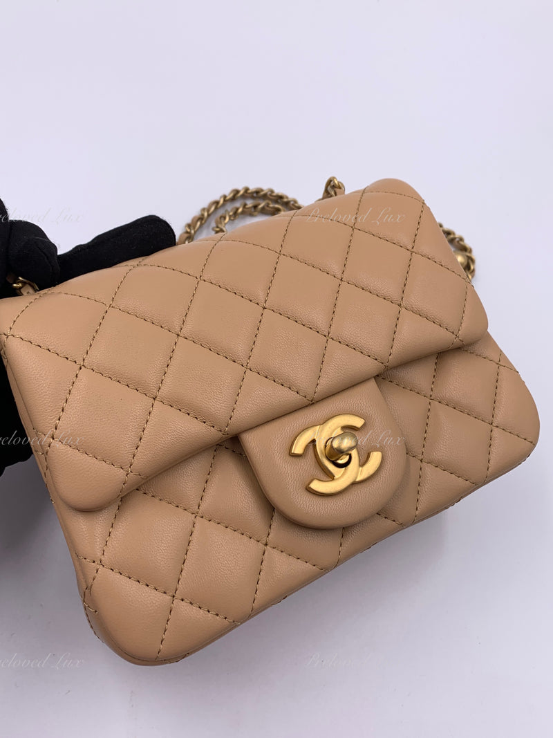 CHANEL Beige Lambskin Mini Square Pearl Crush Flap Bag