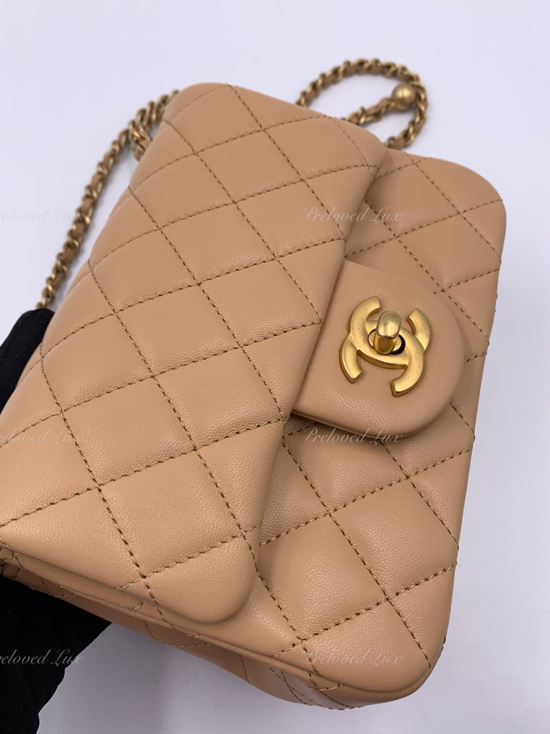 CHANEL Beige Lambskin Mini Square Pearl Crush Flap Bag