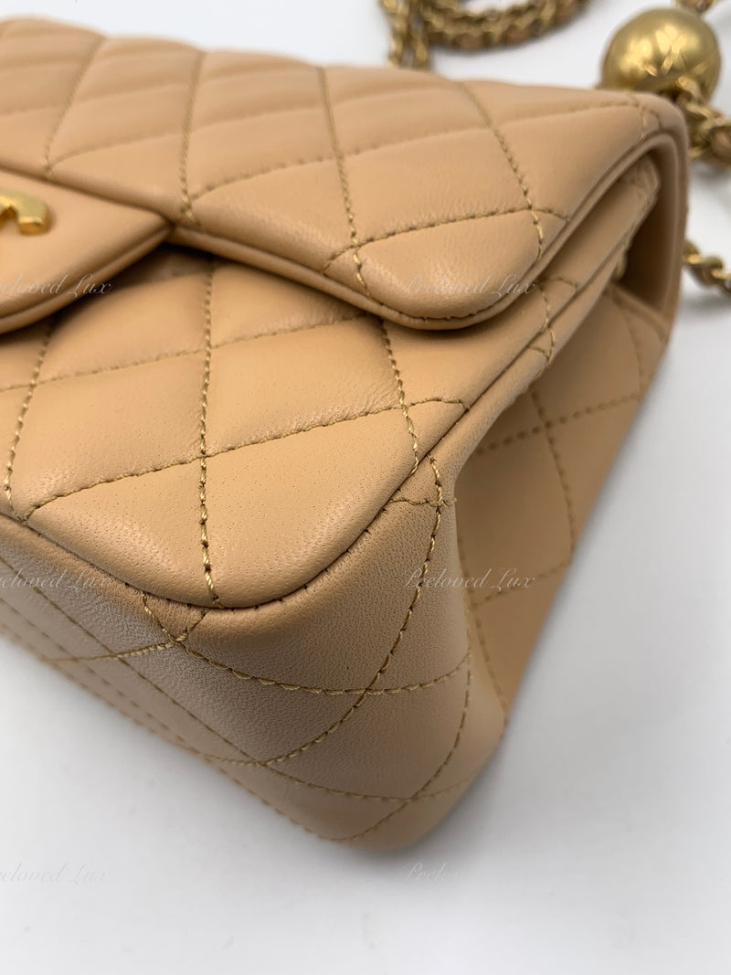 CHANEL Beige Lambskin Mini Square Pearl Crush Flap Bag