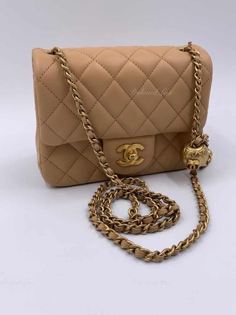 CHANEL Beige Lambskin Mini Square Pearl Crush Flap Bag