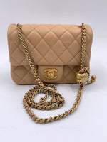 CHANEL Beige Lambskin Mini Square Pearl Crush Flap Bag