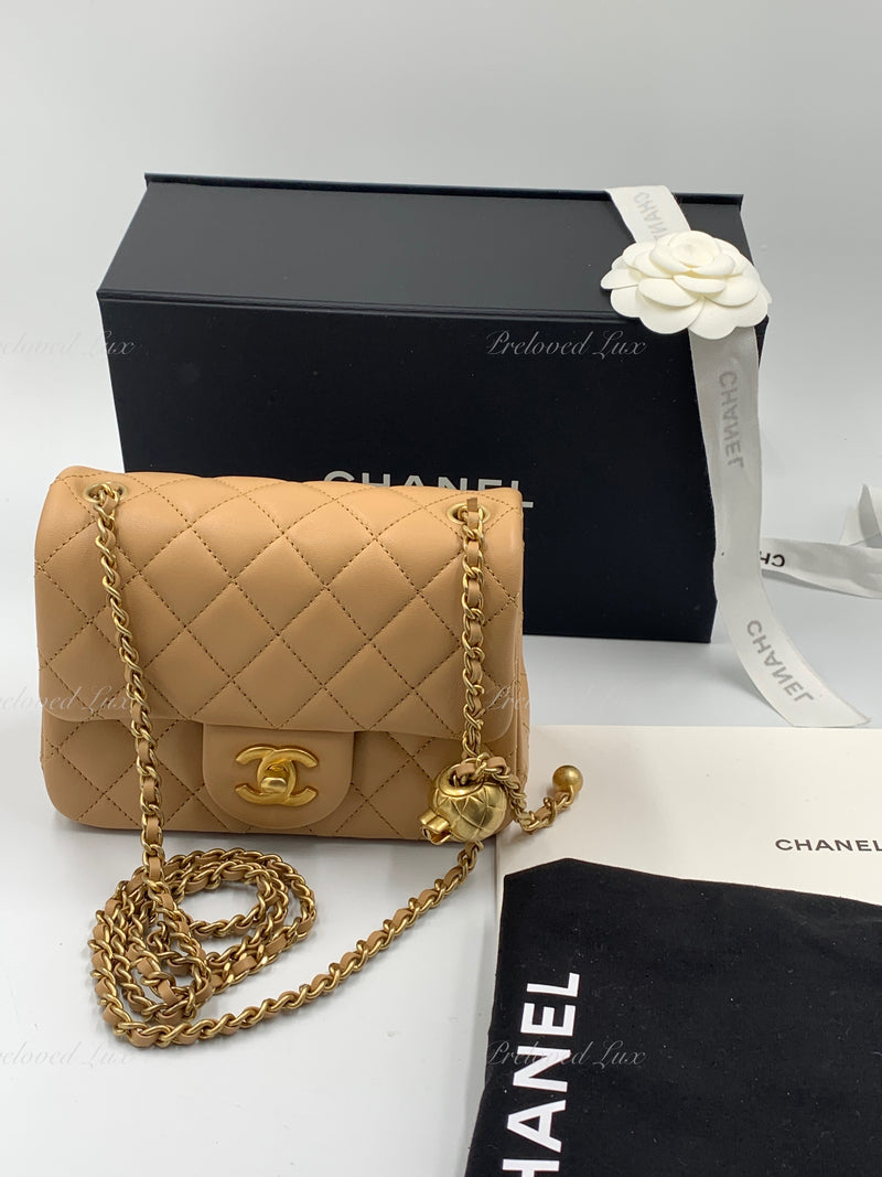 CHANEL Beige Lambskin Mini Square Pearl Crush Flap Bag