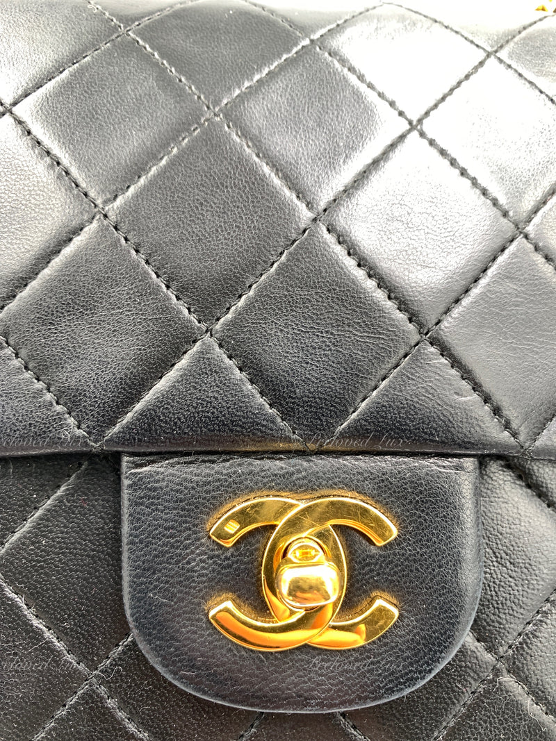 CHANEL Classic Lambskin Double Flap Medium Square Bag Black / Gold Hardware