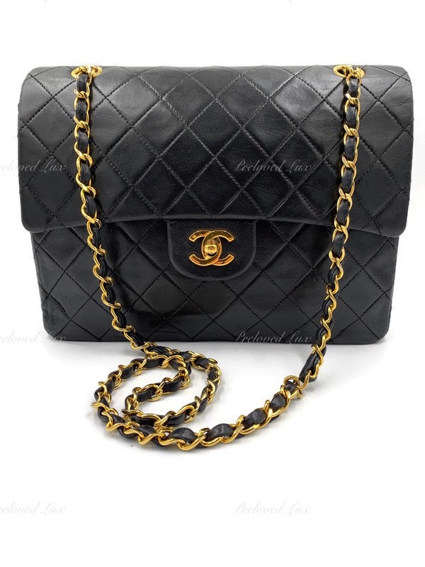 CHANEL Classic Lambskin Double Flap Medium Square Bag Black / Gold Hardware