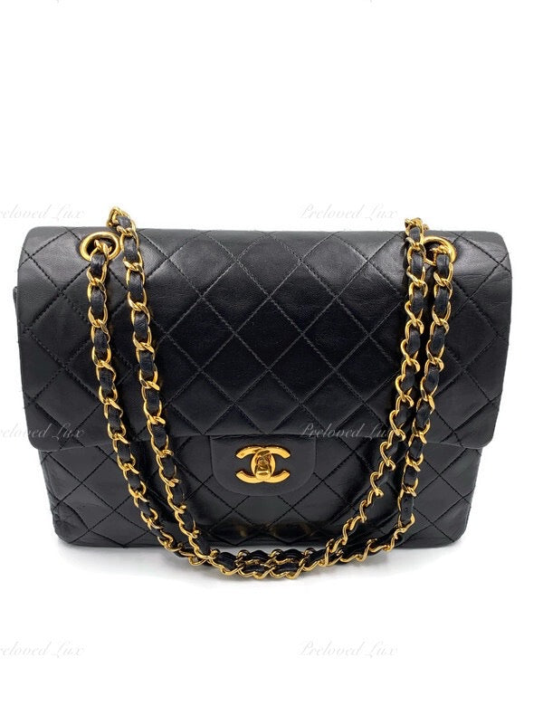 CHANEL Classic Lambskin Double Flap Medium Square Bag Black / Gold Hardware