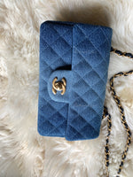 CHANEL Classic Two-Tone Denim Mini Rectangular Crossbody Flap Bag in Gold Hardware