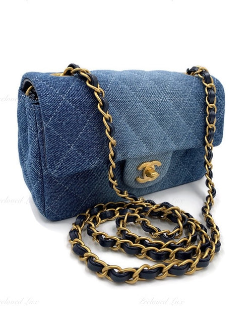 CHANEL Classic Two-Tone Denim Mini Rectangular Crossbody Flap Bag in Gold Hardware